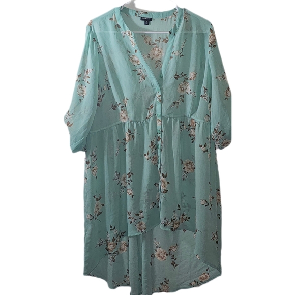 Torrid Hi-Lo Tunic Top Sheer Mint Rolled Up SleeveBoho Cottagecore Plus Size 0 - Picture 3 of 4